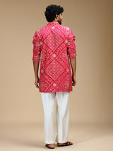 Magenta pink art silk mens kurta suit with floral medallions