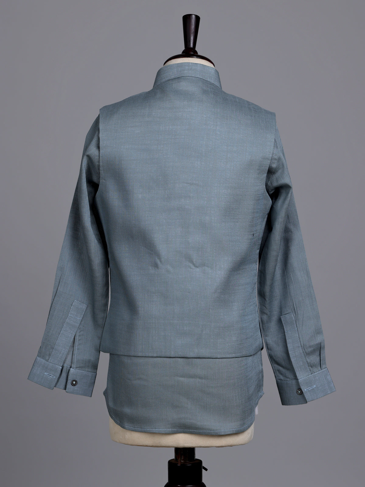 Stone grey boys waistcoat set with zardosi chest pocket accents