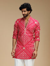 Magenta pink art silk mens kurta suit with floral medallions