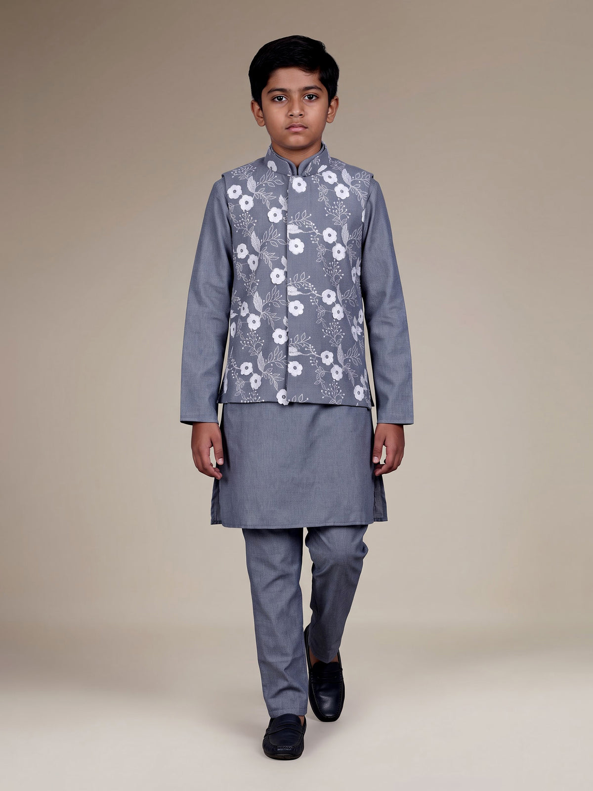 Stone grey boys waistcoat set with floral white threadwork
