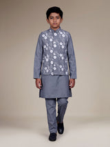 Stone grey boys waistcoat set with floral white threadwork