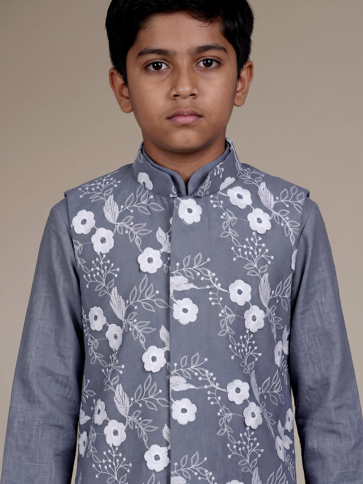 Stone grey boys waistcoat set with floral white threadwork