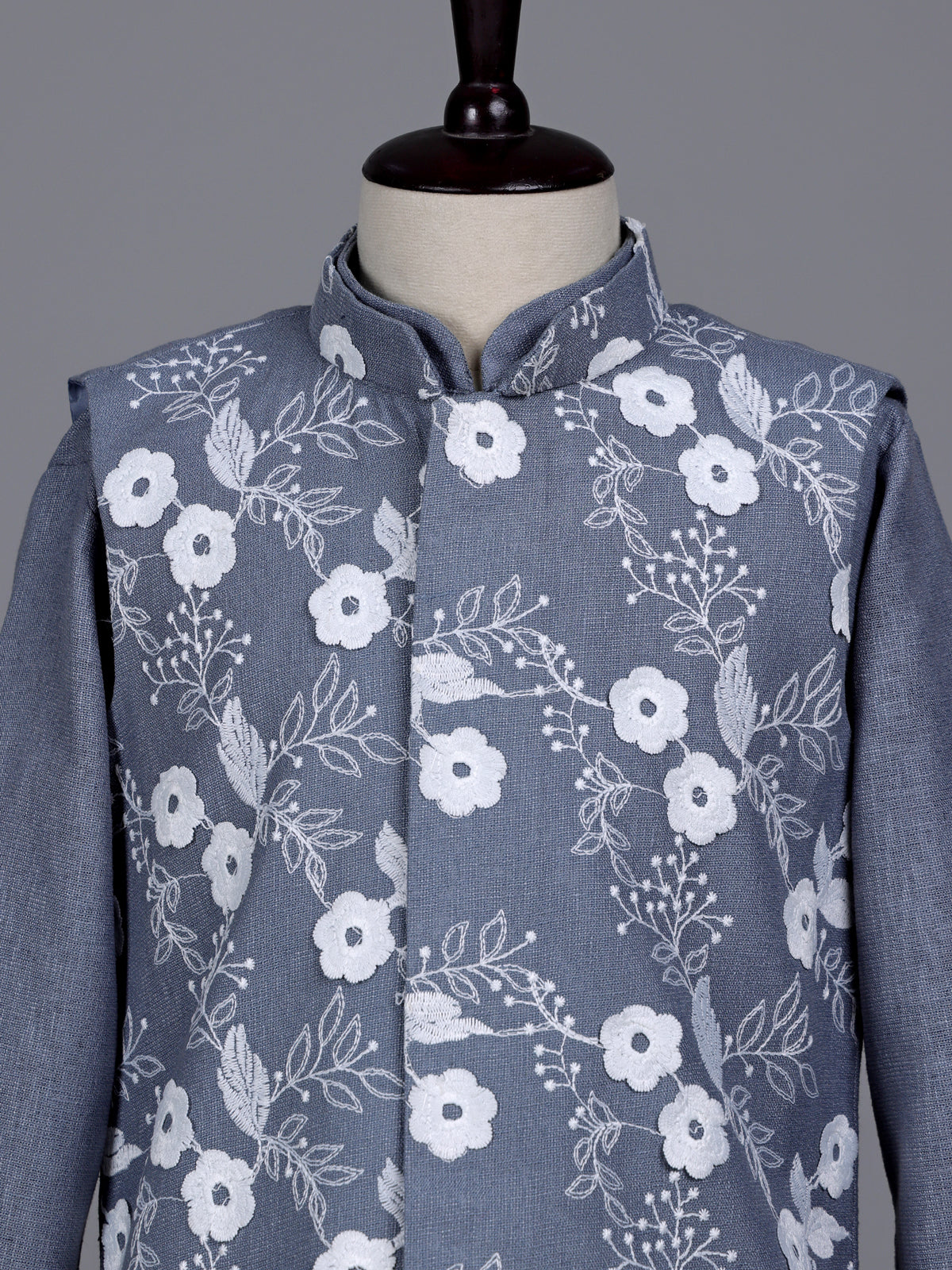Stone grey boys waistcoat set with floral white threadwork