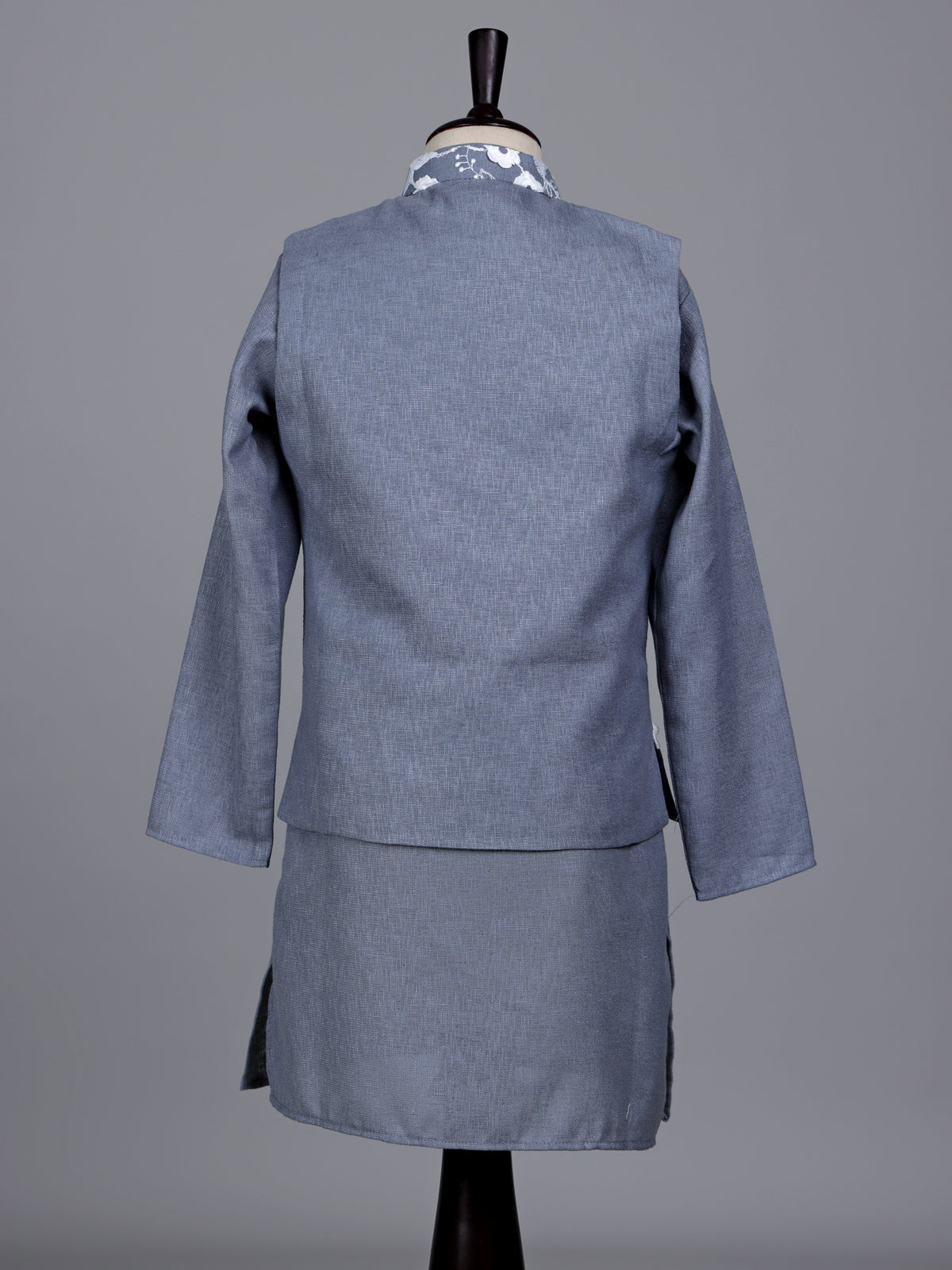 Stone grey boys waistcoat set with floral white threadwork