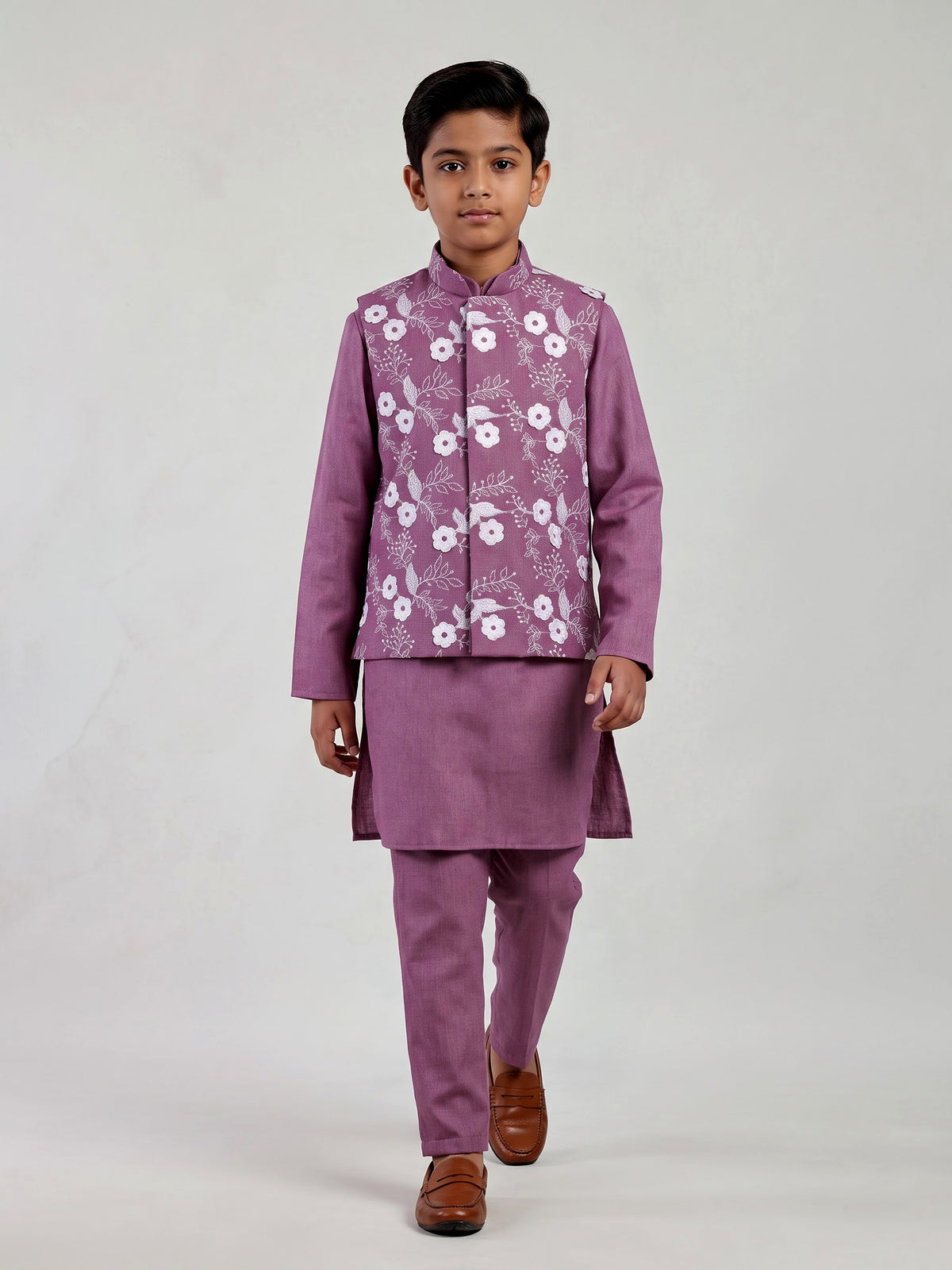 Pink boys waistcoat set with floral white thread detailing