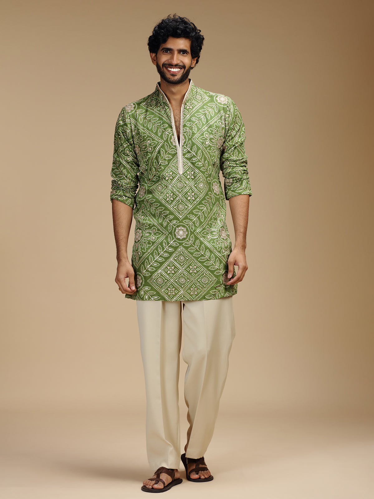Green art silk mens kurta suit with floral medallions
