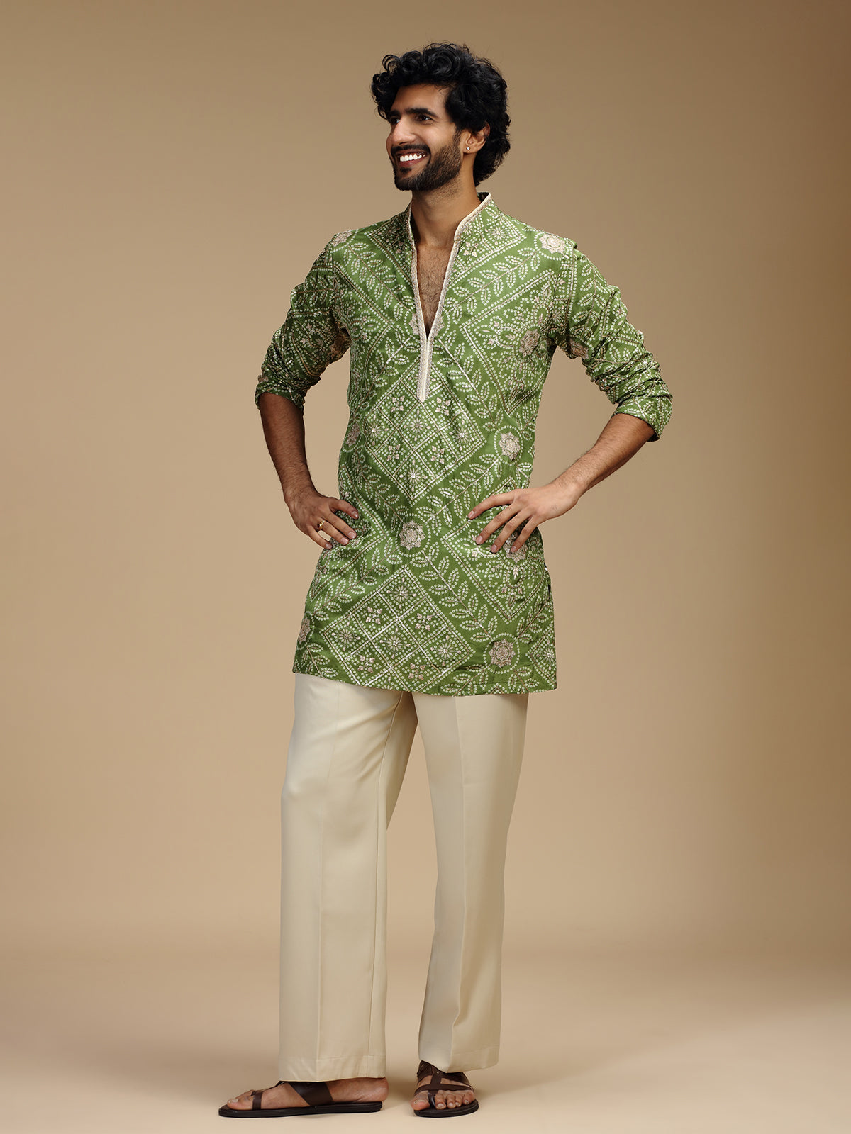 Green art silk mens kurta suit with floral medallions