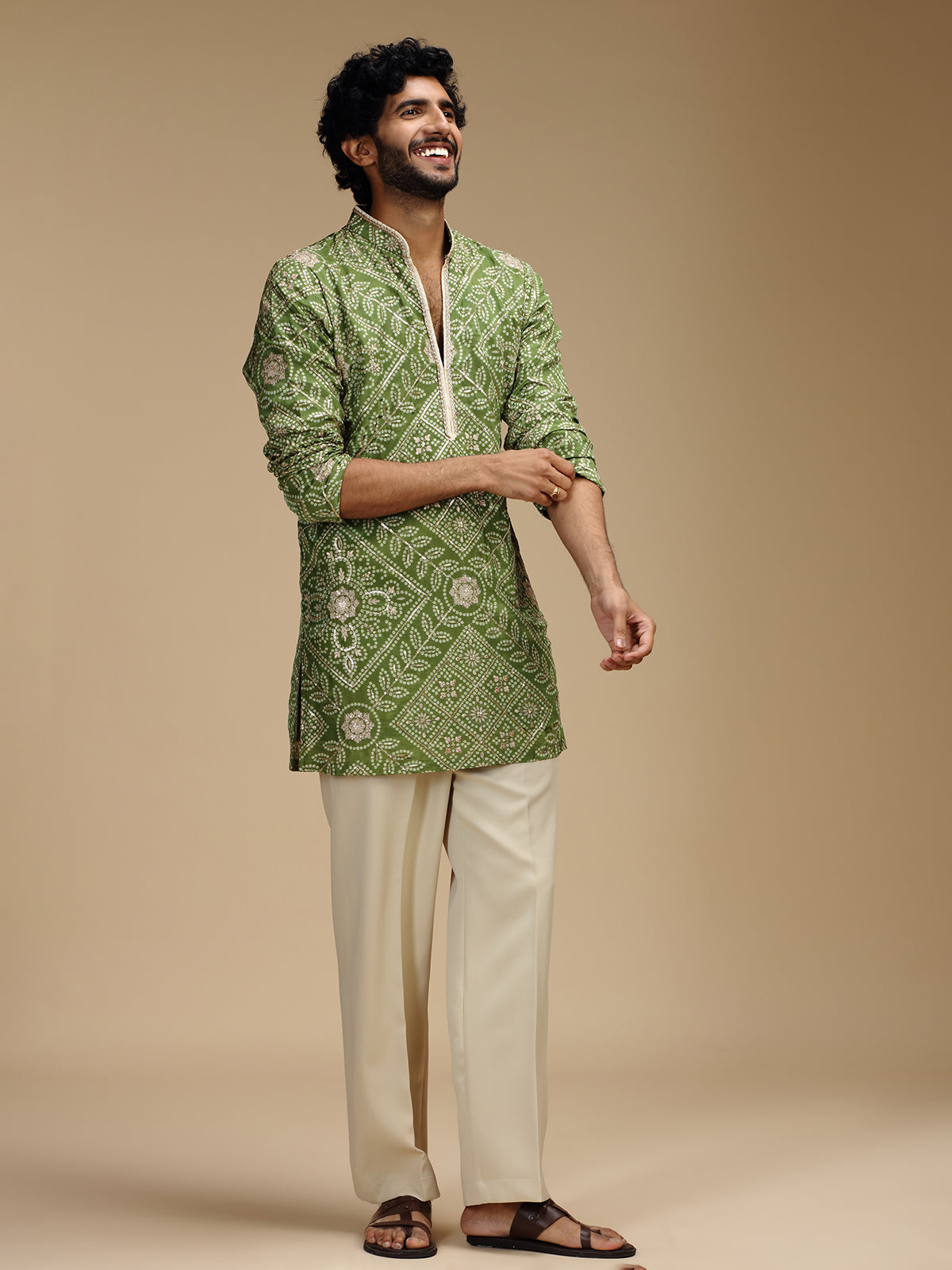 Green art silk mens kurta suit with floral medallions