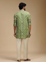 Green art silk mens kurta suit with floral medallions