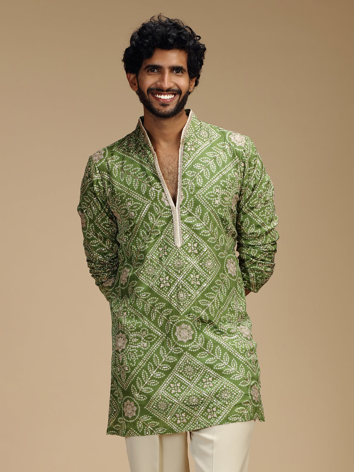 Green art silk mens kurta suit with floral medallions