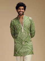 Green pure crepe mens kurta suit with floral medallions
