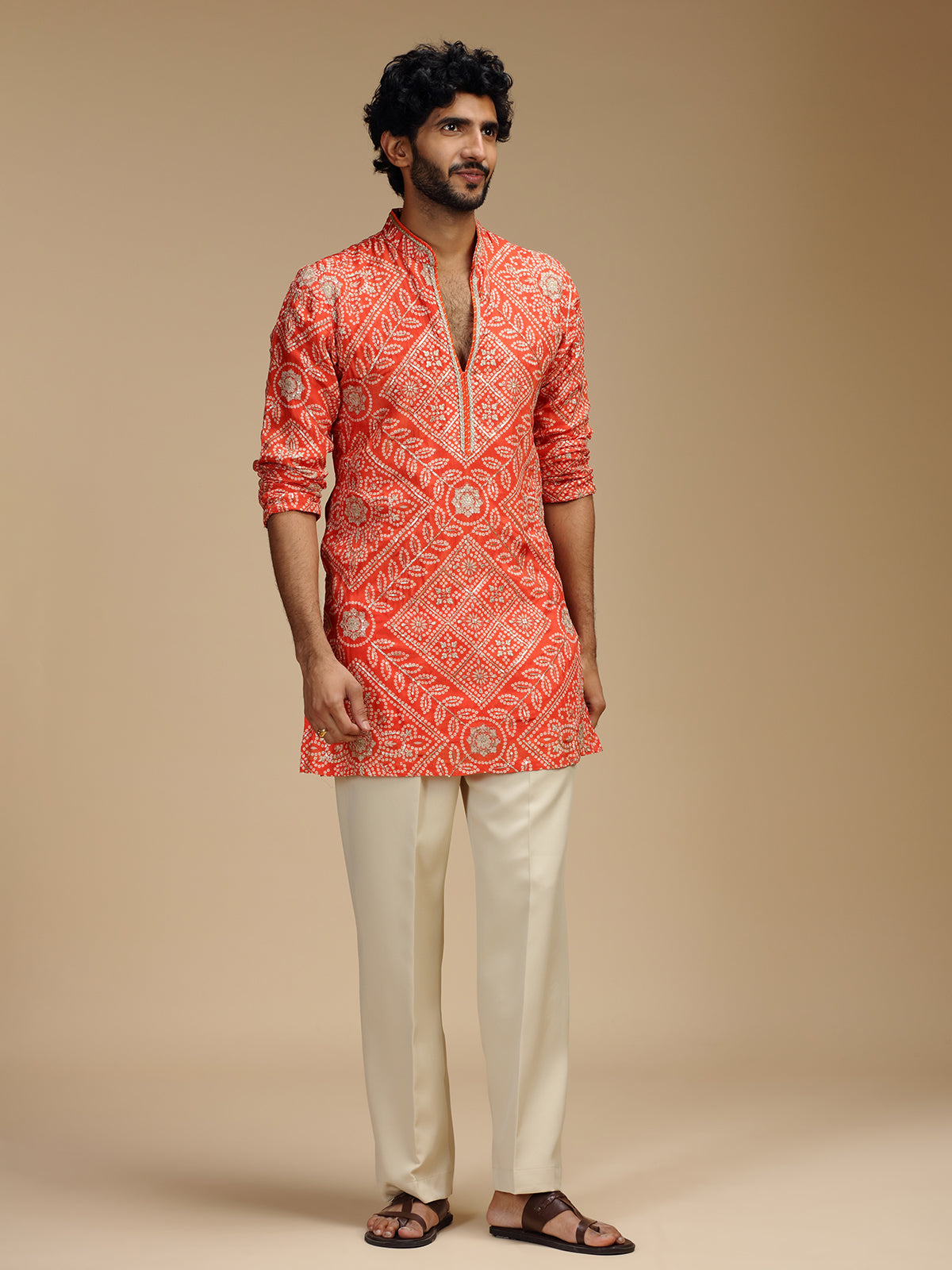 Orange art silk mens kurta suit with bandhani design