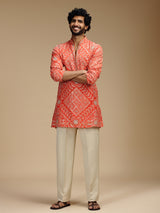 Orange art silk mens kurta suit with bandhani design