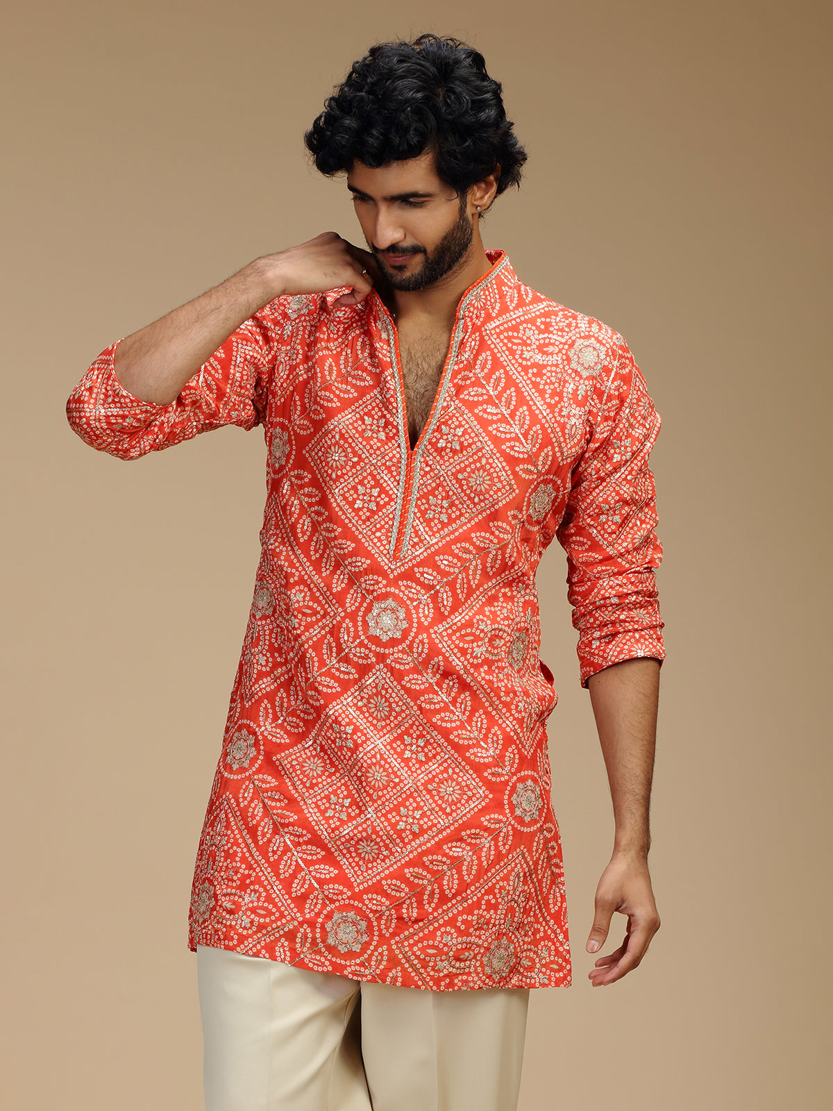 Orange art silk mens kurta suit with bandhani design