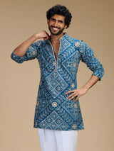 Blue art silk mens kurta suit with floral bandhani print