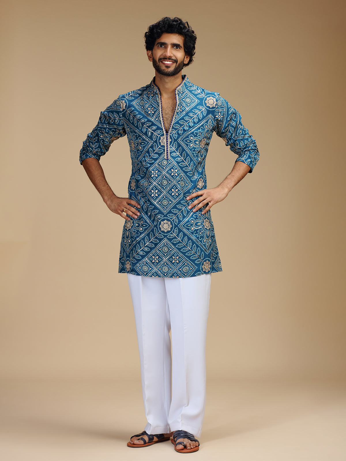 Blue art silk mens kurta suit with floral bandhani print