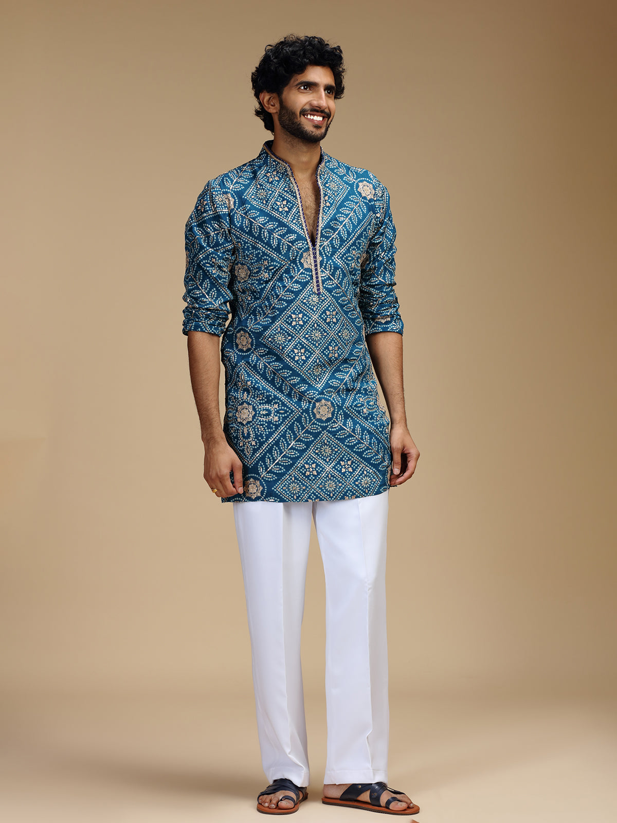 Blue art silk mens kurta suit with floral bandhani print