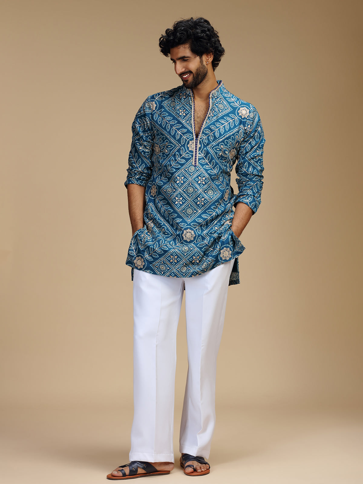 Blue art silk mens kurta suit with floral bandhani print