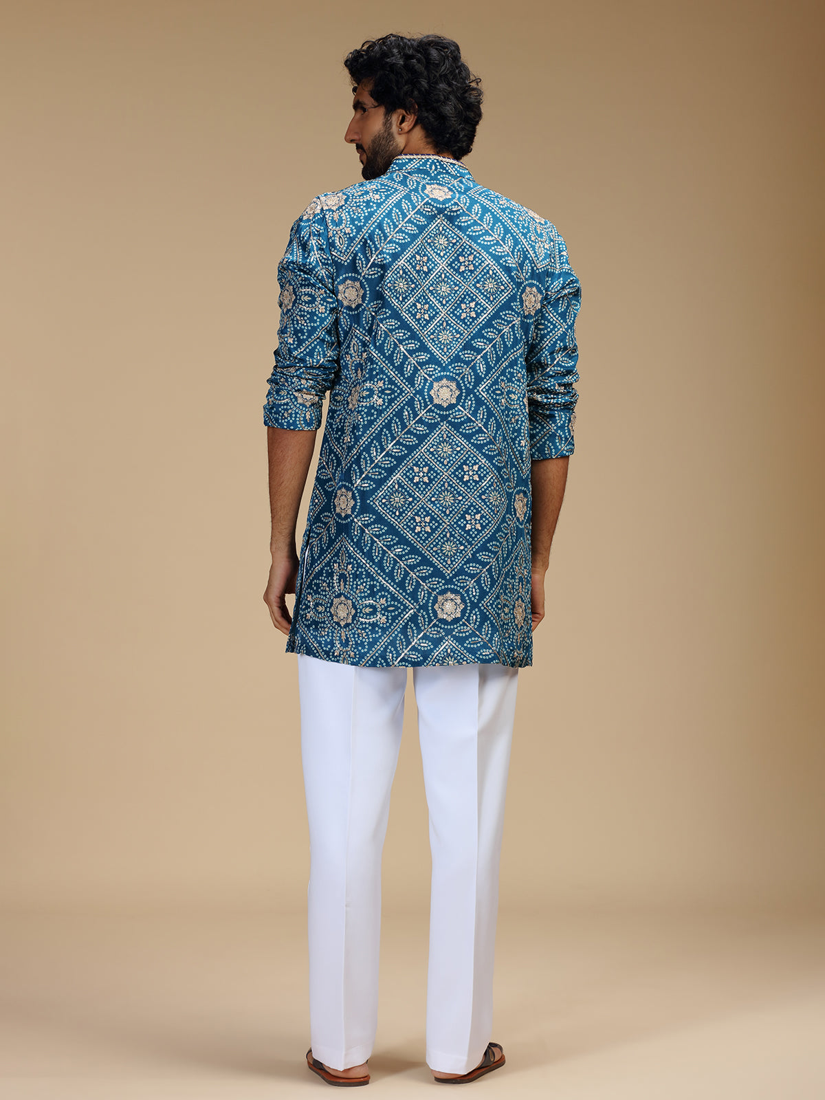 Blue art silk mens kurta suit with floral bandhani print