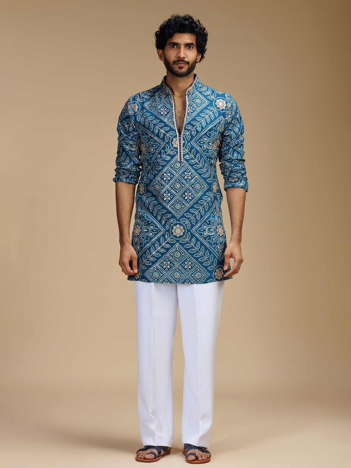 Blue art silk mens kurta suit with floral bandhani print