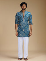 Blue art silk mens kurta suit with floral bandhani print