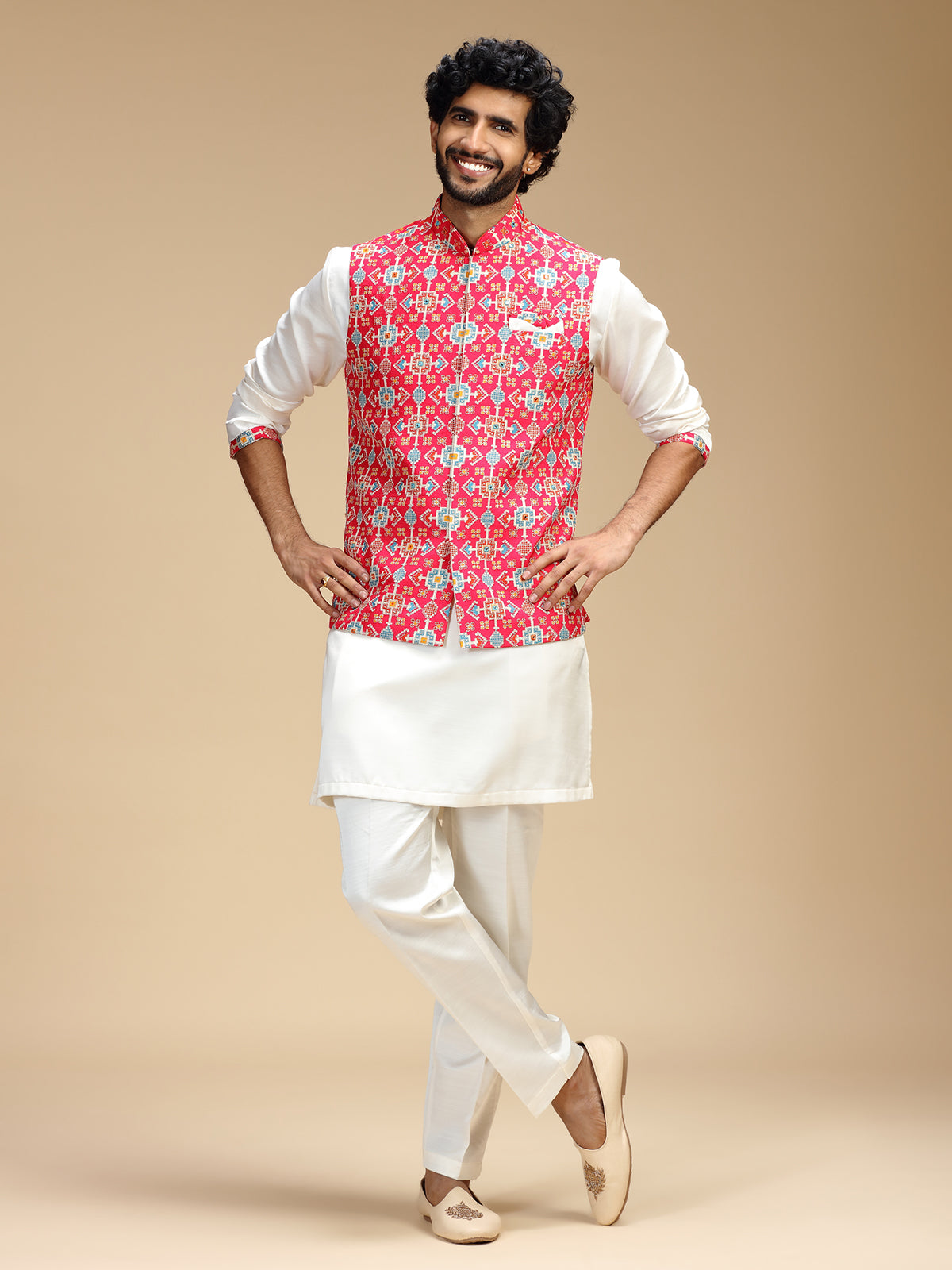 Pink and white polyester silk mens waistcoat set