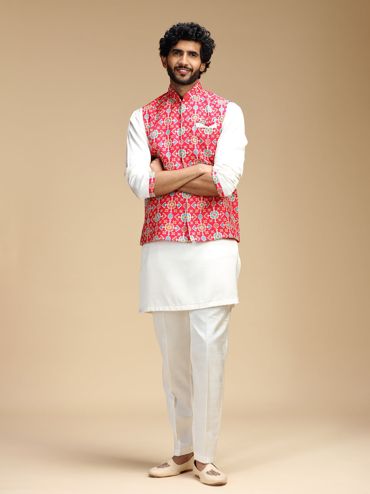 Pink and white polyester silk mens waistcoat set