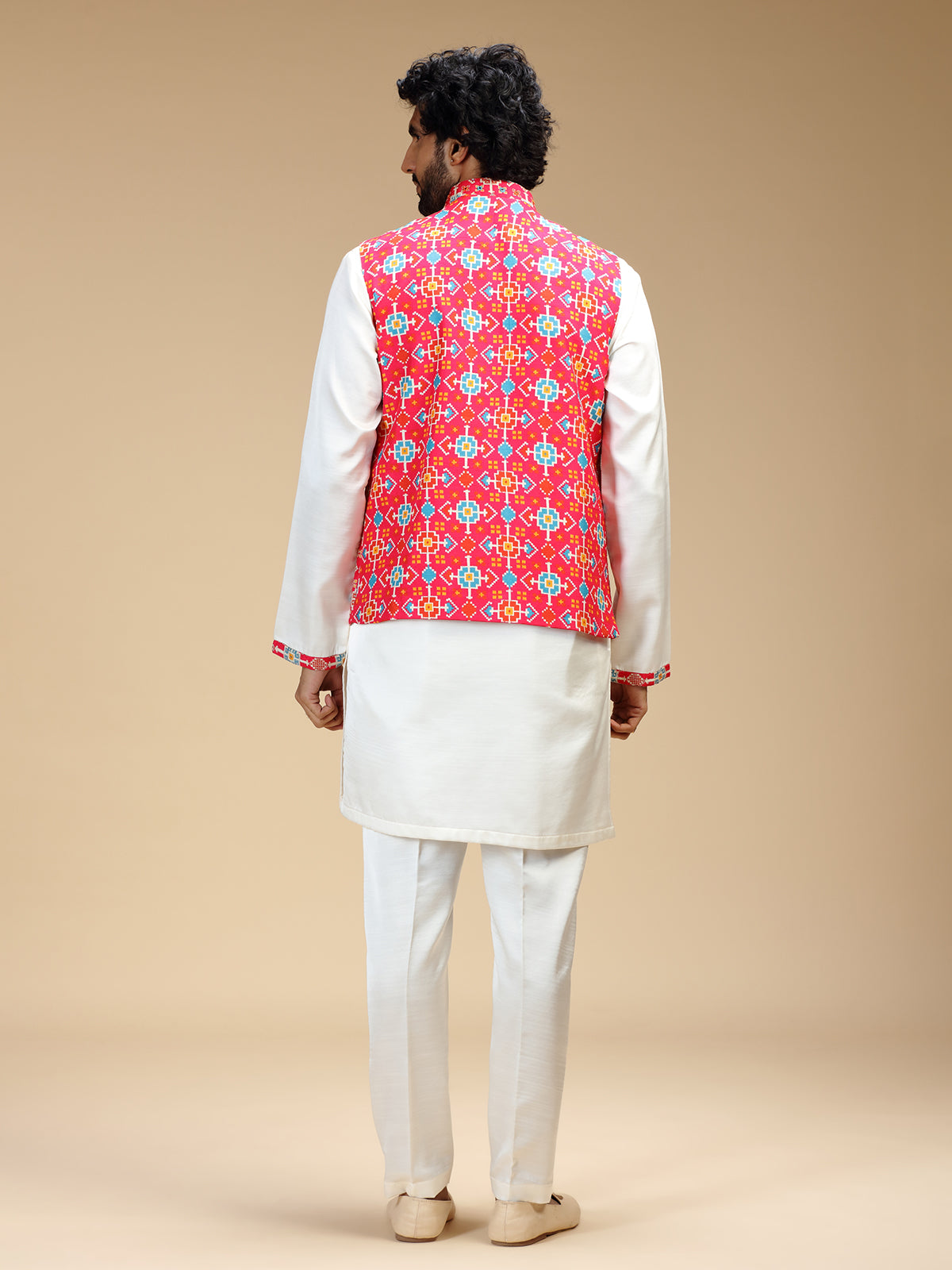 Pink and white polyester silk mens waistcoat set