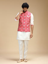 Pink and white polyester silk mens waistcoat set