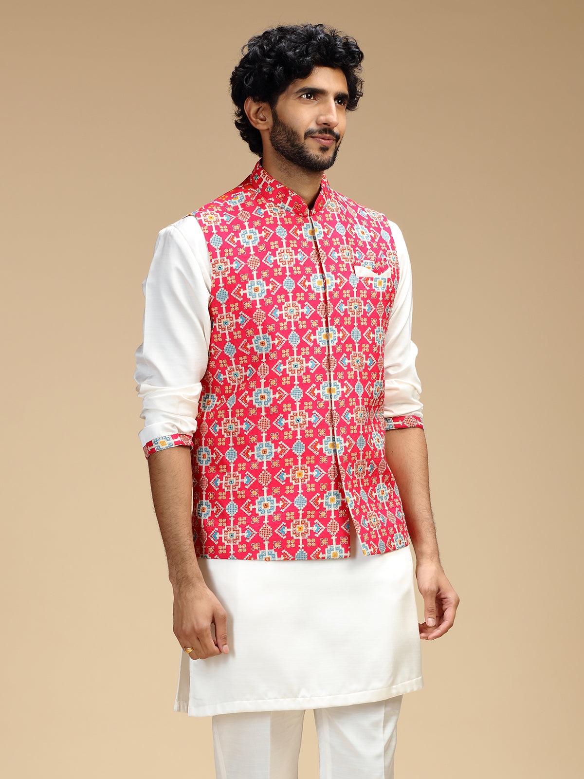 Pink and white polyester silk mens waistcoat set
