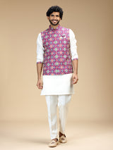 Purple and white polyester silk mens nehru jacket set