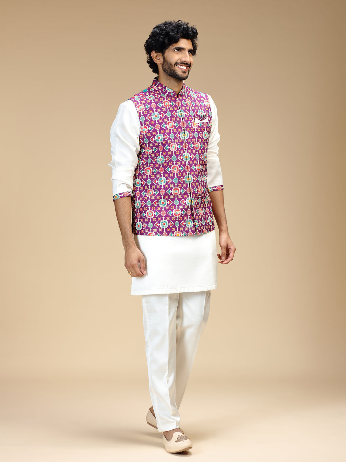 Purple and white polyester silk mens nehru jacket set