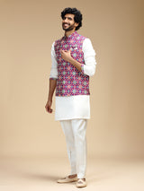 Purple and white polyester silk mens nehru jacket set