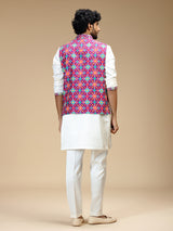 Purple and white polyester silk mens nehru jacket set