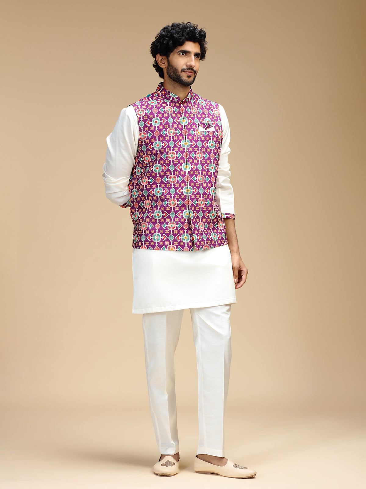 Purple and white polyester silk mens nehru jacket set