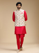 Red and white polyester silk mens waistcoat set