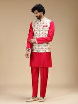 Red and white polyester silk mens waistcoat set