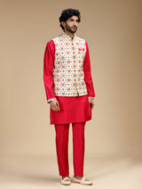 Red and white polyester silk mens waistcoat set