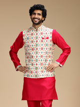 Red and white polyester silk mens waistcoat set