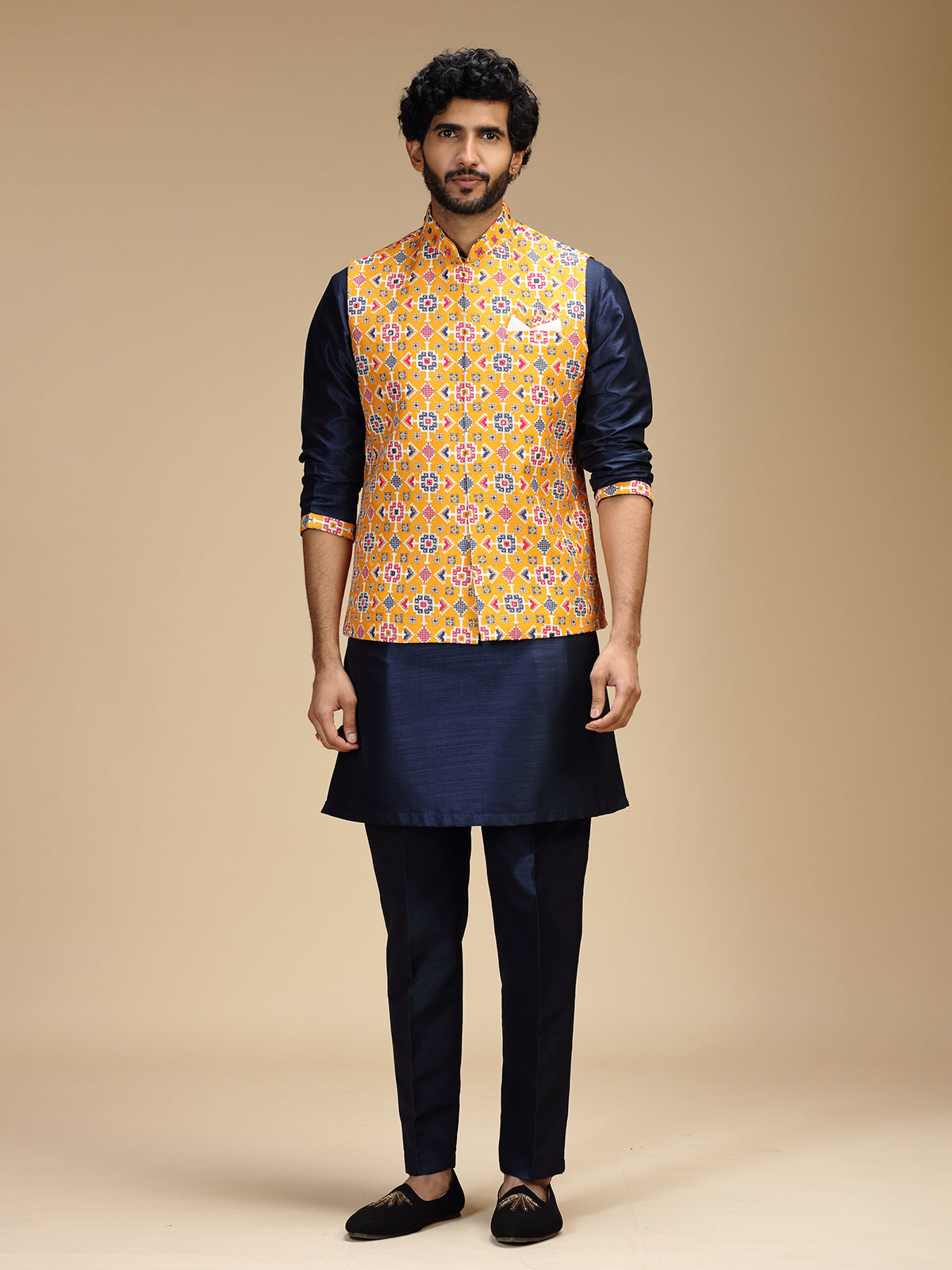 Navy blue and yellow polyester silk mens waistcoat set