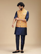 Navy blue and yellow polyester silk mens waistcoat set