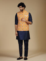 Navy blue and yellow polyester silk mens waistcoat set
