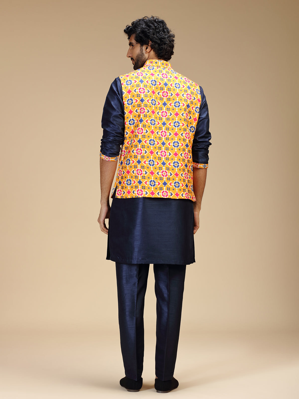 Navy blue and yellow polyester silk mens waistcoat set
