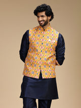 Navy blue and yellow polyester silk mens waistcoat set