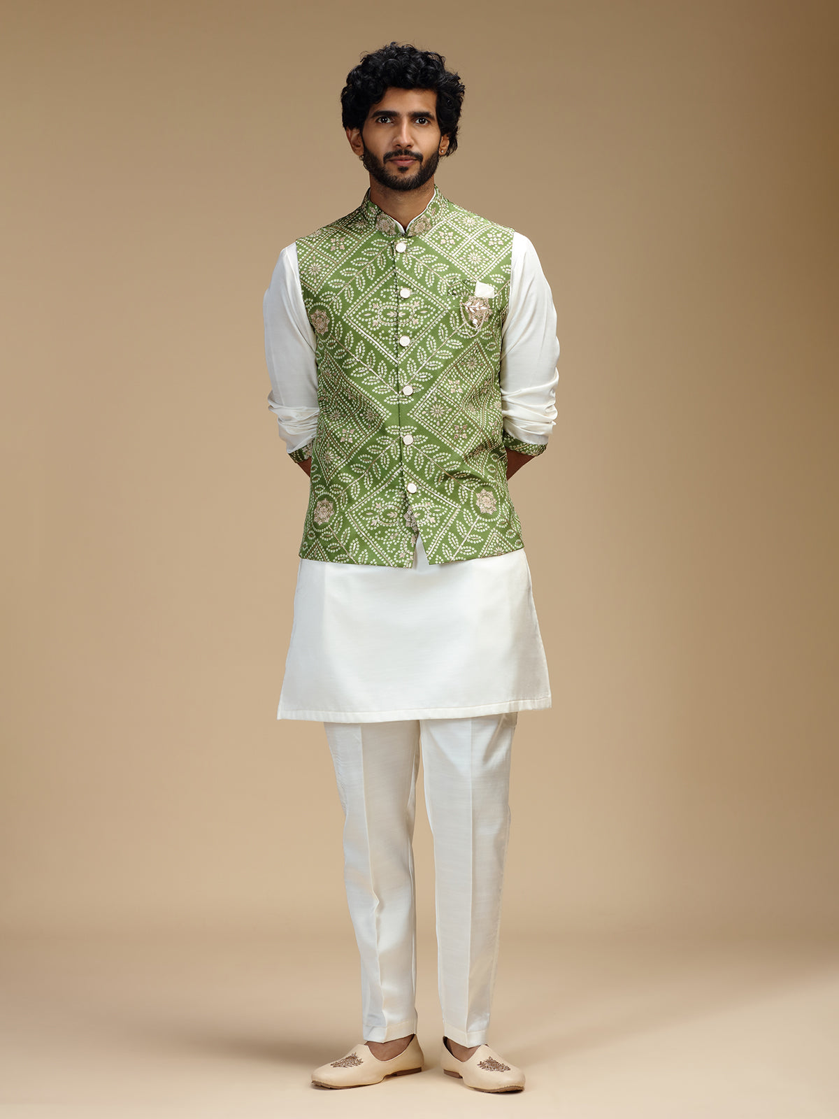 Green and white cotton silk mens waistcoat set