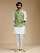 Green and white cotton silk mens waistcoat set