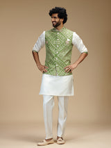Green and white cotton silk mens waistcoat set