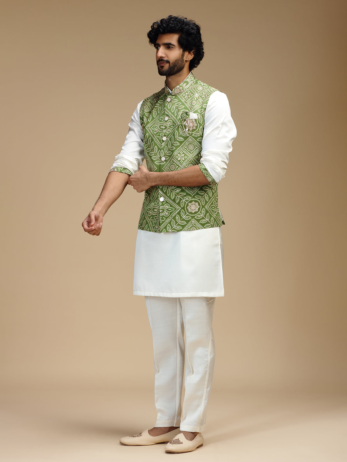 Green and white cotton silk mens waistcoat set