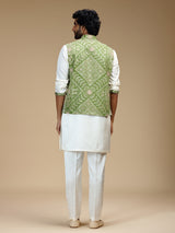Green and white cotton silk mens waistcoat set