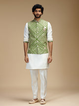 Green and white cotton silk mens waistcoat set